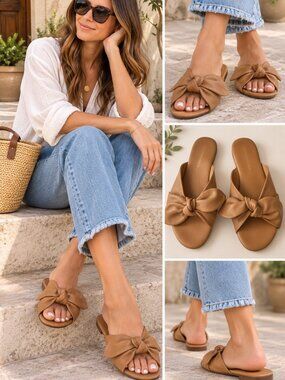 Anthropologie Gemma Tan Leather Bow Slides Sandals Sz 37